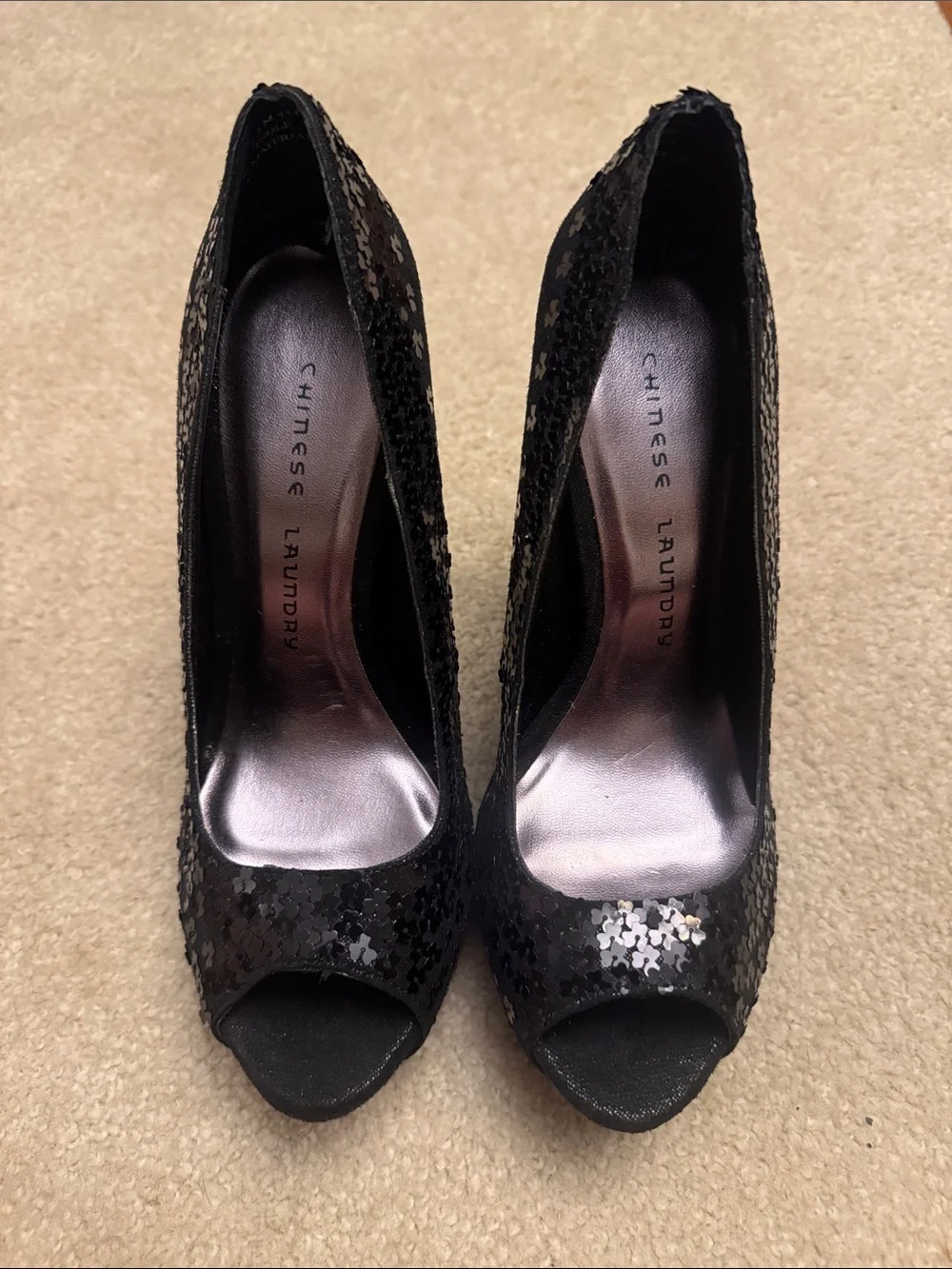 Chinese Laundry Black Sequin Peep-Toe Heels